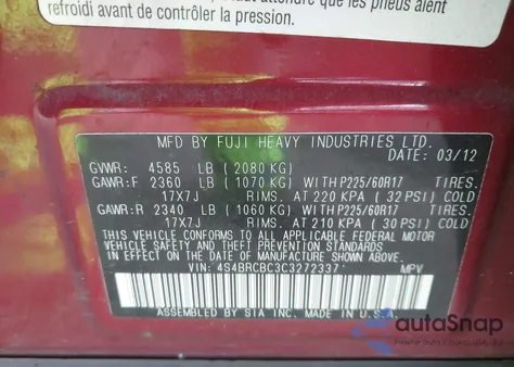 2012 Subaru Outback 2.5I Premium from USA, damaged, VIN 4S4BRCBC3C3272337